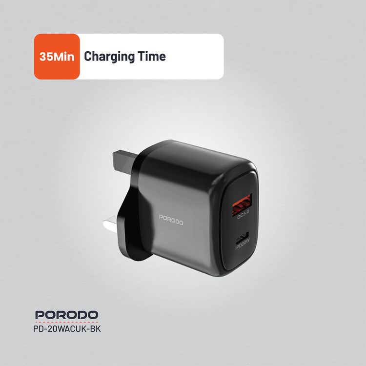 Porodo Dual Output Quick Charger with 20W Power Delivery, QC 18W, UK 3-Pin Plug, Simultaneous Charging, Universal Compatibility - Black