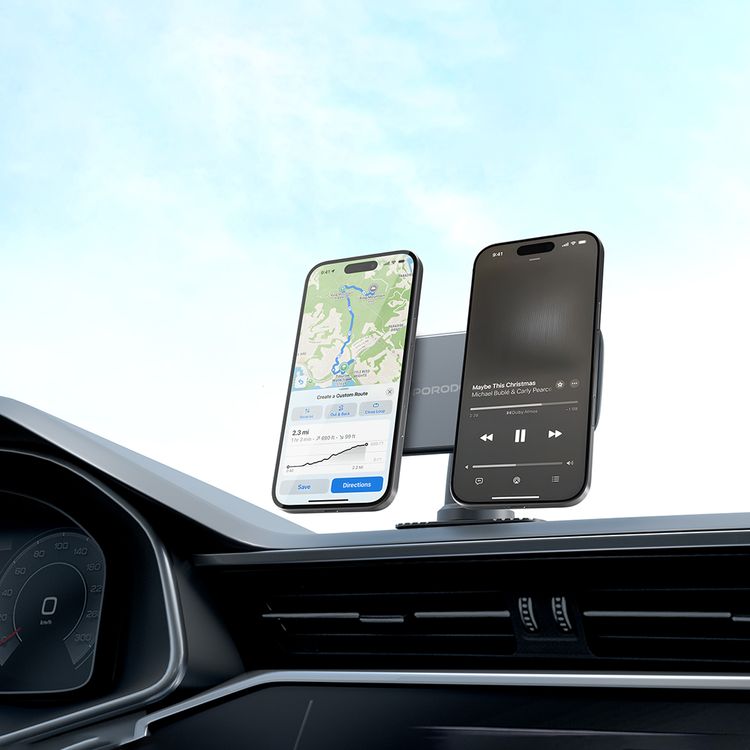 Porodo Vacuum & Adhesive Magnetic Car Mount with Dual Phone Holder, 360° Full Rotation, 350g Load Weight, N52 Magnet Type , Vacuum Suction Cup, Nano-Adhesive Stand Mount Types, Adjustable Arm, Rotatable Ball Joint - Black