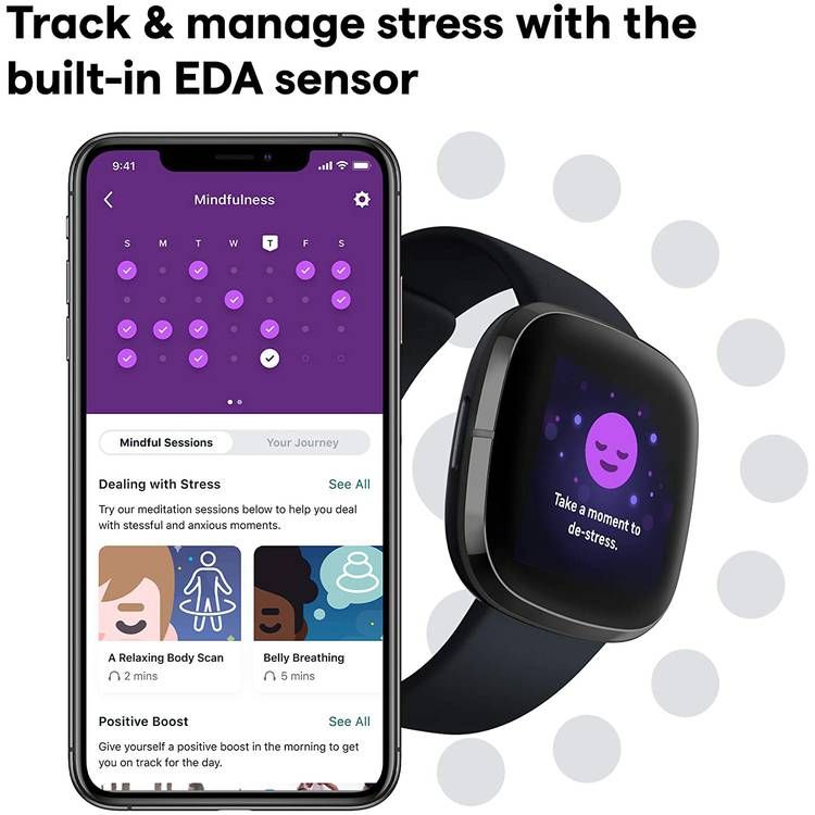 فيتبيت سينس للصحة واللياقة البدنية سوار ساعة ذكية مع نظام تحديد المواقع العالمي (جي بي اس) ، أدوات لصحة القلب ، معدل ضربات القلب على مدار الساعة ، إدارة الإجهاد واتجاهات درجة حرارة الجلد ، مقاومة للماء وتتبع السباحة