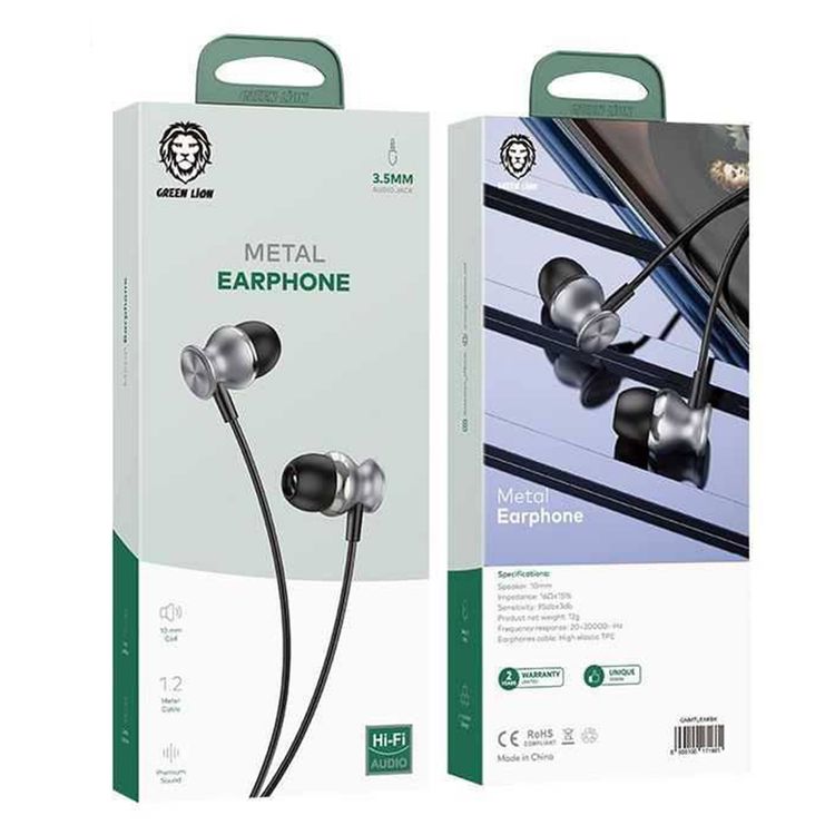 Green Lion Metal Wired Earphones with Crystal Clear Sound, Hi-Fi Audio, Chic Design, Premium Quality, 3.5mm Audio Jack, 10mm Speaker Size, High Elastic TPE Cable Material - Black
