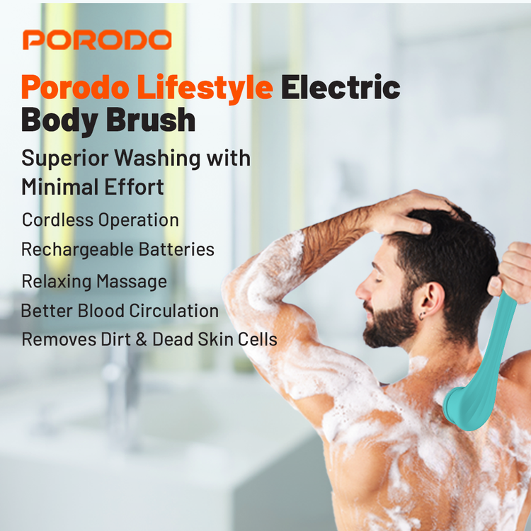 Porodo Lifestyle Electric Body Brush, Soft Bubble Loofah, Soft Cleaning Bristle, 2Levels Speed, Type-C Charging Port, Soft Silicone Brush - Blue