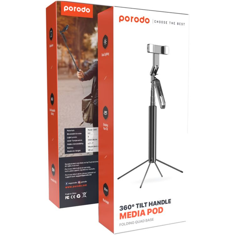 Porodo Media Pod with Folding Quadpod, 360° Tilt & Rotation Handle, 185cm Extendable Height, Dual Detachable Lights, Remote Control, Re-Chargeable Battery, Metal + ABS & Aluminum Material, Bluetooth Version 5.2, 55mAh Battery Capacity,4.7"-7" Mobile Compatibility - Black