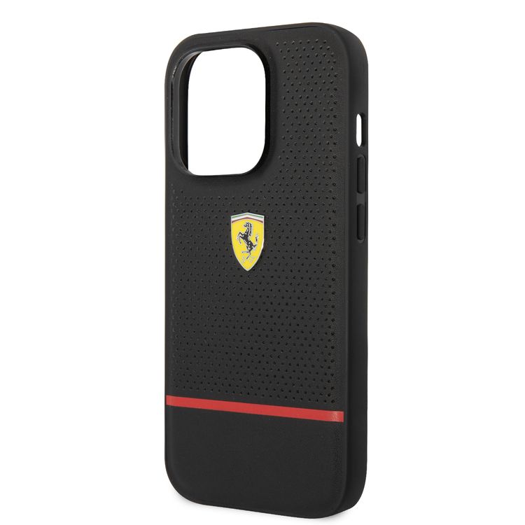 Ferrari Genuine Leather Case Perforated and Bottom Contrasted Line iPhone 14 Pro - Black