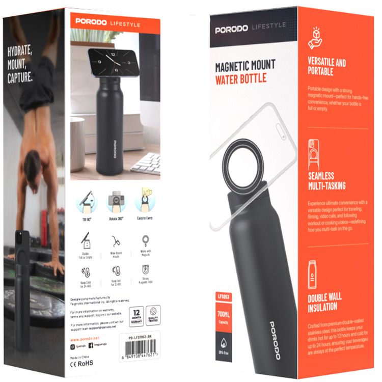 Porodo Magnetic Mount Water Bottle with Strong Magnetic Hold, Stainless Steel Material, Double-Wall Insulation, Versatile and Portable, Strong Magnetic Hold, Works with MagSafe, Wide Round Mouth - Black 