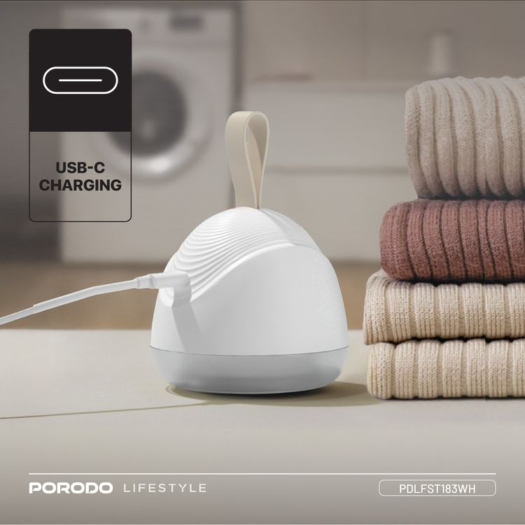 Porodo Lifestyle Fabric Shaver Lint & Bobbles Remover with Efficient 6-Blade Design, 5W Rated Power, 600mAh Battery Capacity, 1.5 Hours Working Time, USB-C Charging Interface, 7200RPM Motor Speed, 50mL Lint Bin Capacity - White