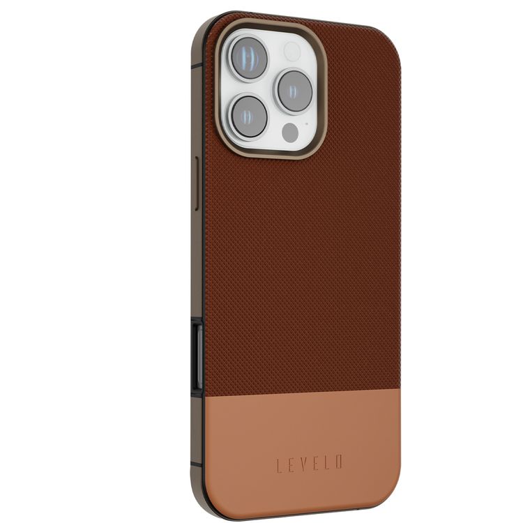 Levelo Cuir Two Tone Leather Case For iPhone 16 Pro Max, Durable, Compact Design, MagSafe Compatible, Hybrid Case, Impact-Resistant Corners , Aluminum Bumper Finish, High Quality Material - Rose Gold Titanium