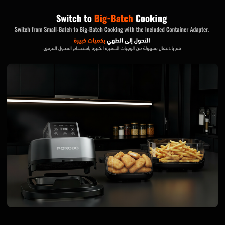 Porodo Lifestyle 4-in-1 Dual-Pot Glass Air Fryer for Bake, Crisp, Recrisp, Fry, 1.5L Small Pot Capacity, 4L Large Pot Capacity, UK 3-Pin Plug Power Cord, Health-Conscious Glass Design, Intelligent Pause Mode, 360° Turbo Heat Technology - Black