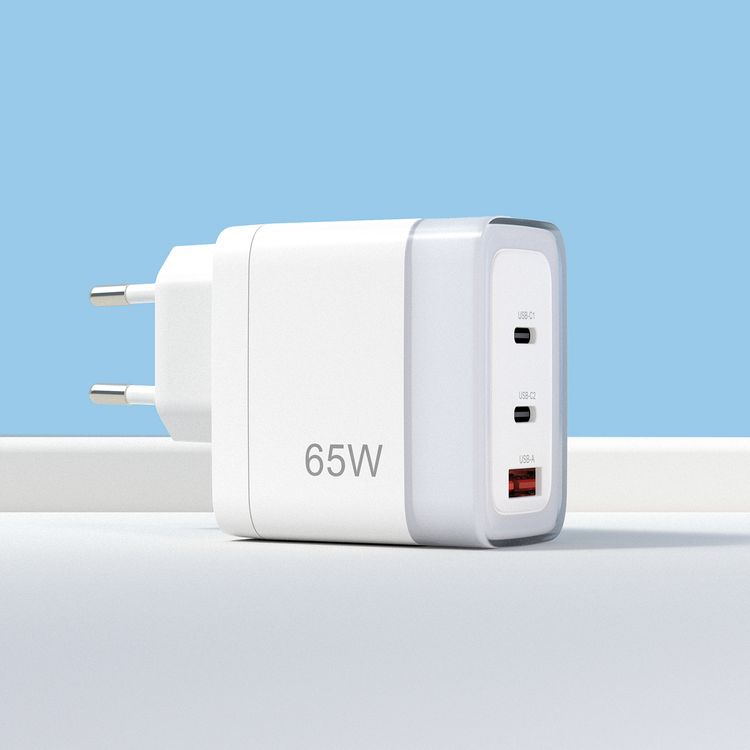 Powerology Lunex Series 3-Port Fast Charging Adapter with EU 2-Pin Power Plug, 65W PD USB-C Output, 22.5W QC USB-A Output, Multi-Device Charging, Powerful Laptop Charging, Universal Protocol Support - White