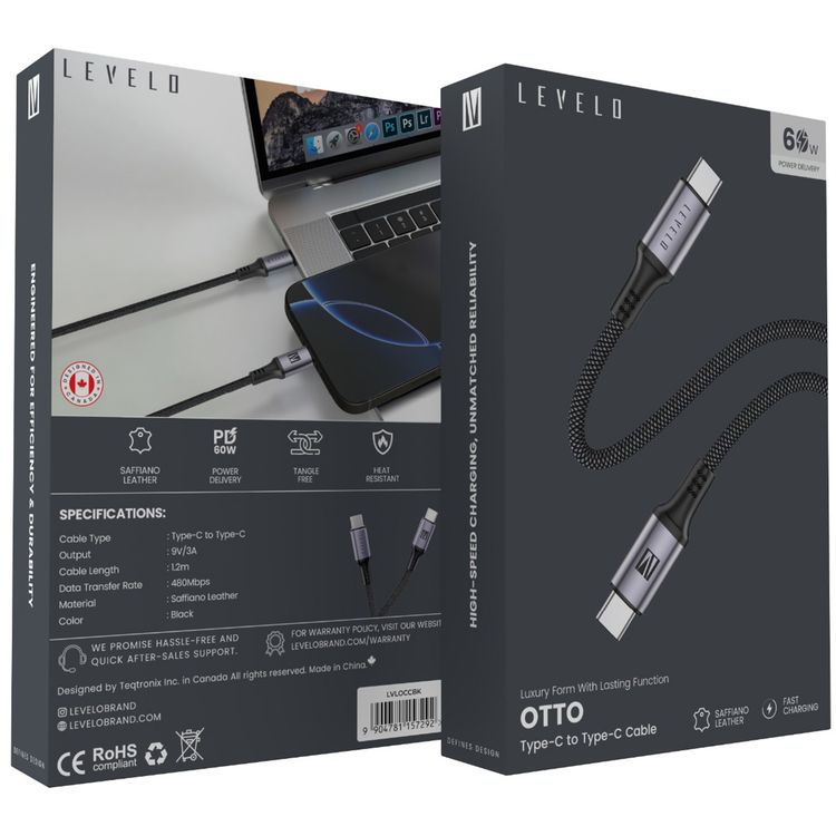 Levelo Otto USB-C to USB-C Cable with Heat-Resistant, Fast Charge & Data Sync, 480Mbps Data Transfer Rate, Tangle-Free, 1.2m Cable Length - Black