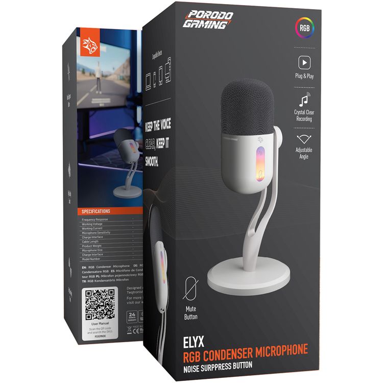 Porodo Gaming Elyx RGB Condenser Microphone with Noise Suppress Button, Adjustable Angle, Crystal Clear Recording, Mute Button, High Sampling Rate, High-Quality Sound, Plug & Play - White