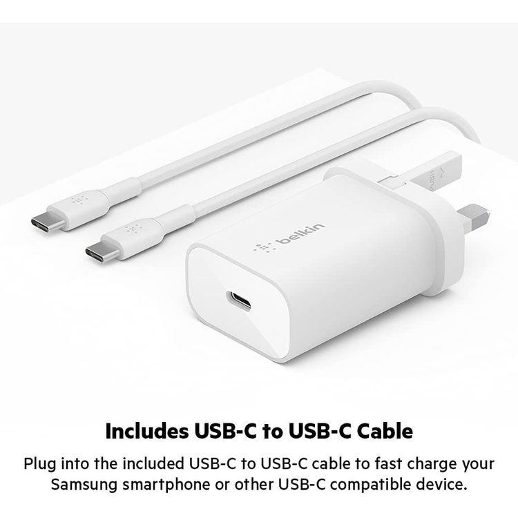 Belkin USB-C PD 3.0 PPS Wall Charger 25W + USB-C to Lightning Connector Cable, fast charger - White