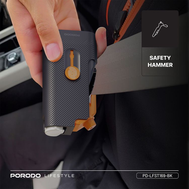 Porodo Lifestyle Vehicle Emergency Safety Kit with Tool Cleaners, ABS Material, Lightweight & Portable, Safety Hammer Included, Easy to Use, Glass & Dashboard Cleaner Supplied - Black