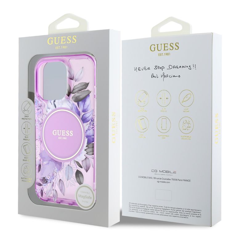 Guess Magsafe IML Transparent Hard Case with Flower Design & Tonal Circle Logo for iPhone 16 Pro, Lightweight, High Quality Material - Purple