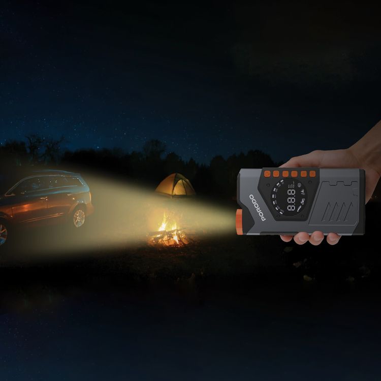 Porodo Volt Boost 3-in-1 Jump Starter with 10000mAh Compact Utility Tool, Air Inflator, Power Bank, Flashlight, ABS & PC Material, 2 Hours Charging Time, 6L Gasoline Engine, 8L Diesel Engine, 1200A Peak Current, Fast Charging Power Bank Technology, Digital Display - Gray