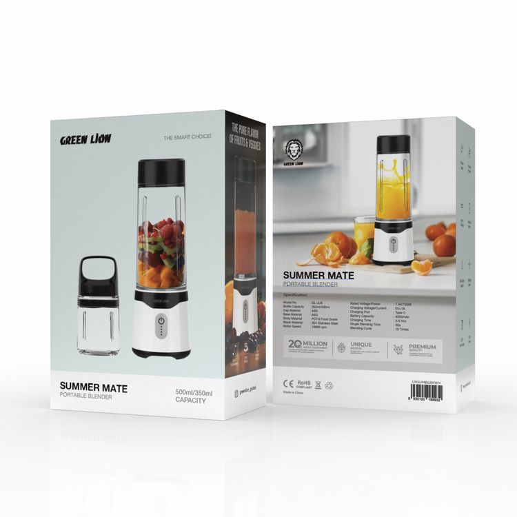 Green Lion Summer Mate Portable Blender,  350mL/500mL Capacity, 3-5 Hours Charging Time, 18000rpm Motor Speed, 30s Single Blending Time, Type-C Charging Port - Black/White