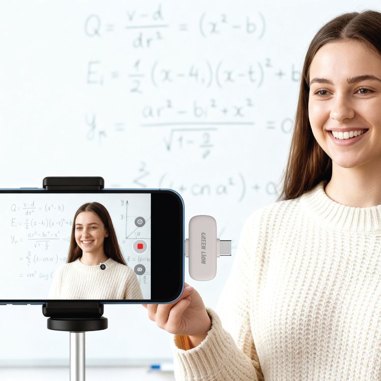 Green Lion GM-91X Lavalier Microphone with 15 Hours Play Time, Digital Display, Noise Reduction, Compatible with USB-C & Lightning Devices, Reverb Mode, Auto Pairing, Ultra-Low Latency, 20m Wireless Freedom, USB-C Charging Port, 360° Omnidirectional, Magnetic Clip-On - Beige