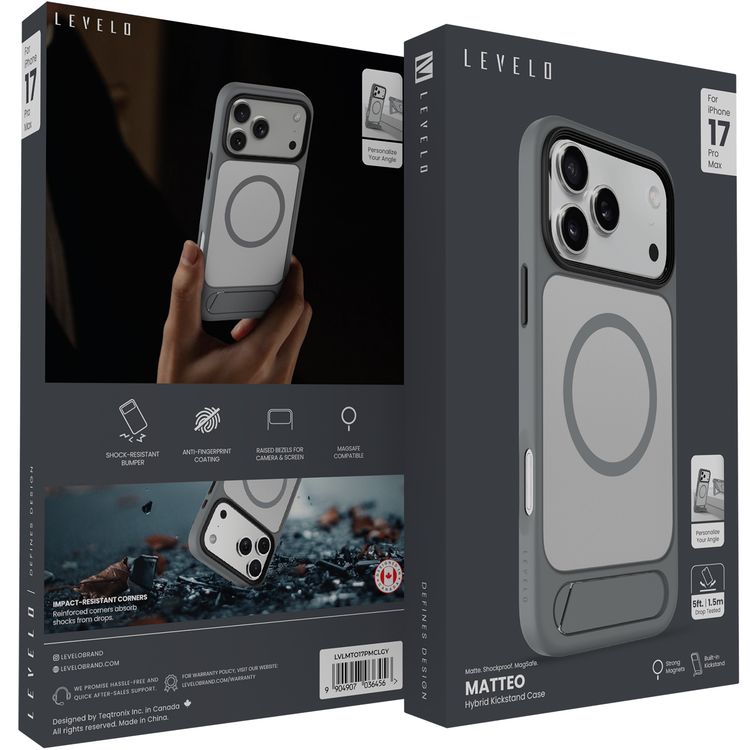 Levelo Matteo Hybrid Kickstand Case with Matte Design for iPhone 17 Pro Max, Anti-Fingerprint Coating, Impact-Resistant Corners, Raised Bezels for Camera & Screen, MagSafe Compatible, Shock-Resistant Bumper, Drop-Tested - Cloud Gray