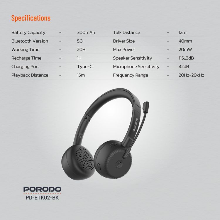 Porodo Office Wireless Headset with 20 Hours Working Time, Mute Button, Crystal Clear Microphone, USB-C Charging Port, 1 Hour Charging Time, Bluetooth Version 5.3 - Black