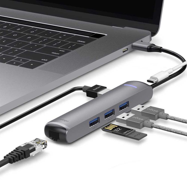 Elago 6 in 1 Ethernet HDMI Multi Hub USB-C, 4k HDMI, PD Charging Port, & Three USB 3.0 Ports, Compatible w/ USB Type-C Laptops, Smartphones, etc., Speedy Data Transfer - Dark Gray