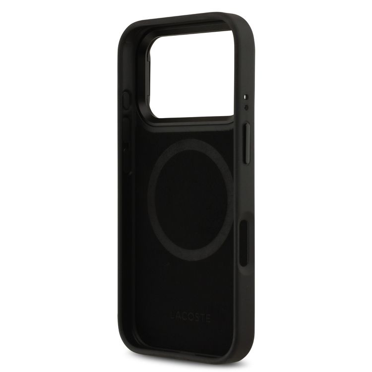 حافظة لاكوست مغناطيسية بجلد صناعي مع شعار Nouogramme وحامل كاميرا لجهاز آيفون 17 برو ماكس، تصميم نحيف، تغليف مستدام، حماية من السقوط، تصميم سهل التركيب - أسود