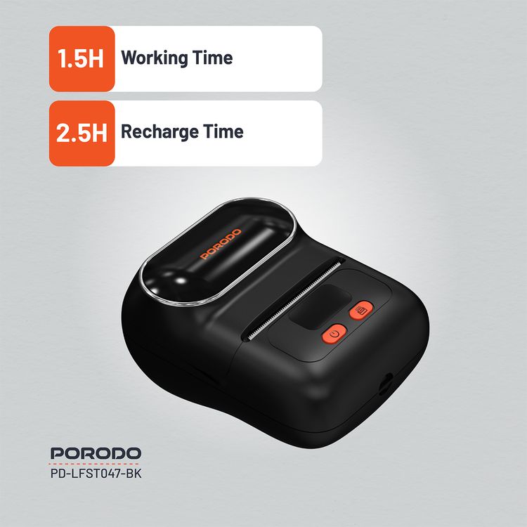 Porodo Super HD Thermal Printer with Bluetooth, 1200mAh Battery Capacity, 2.5 Hours Recharge Time, 1.5 Hours Working Time, 20-50mm Label Width, Super HD - Black