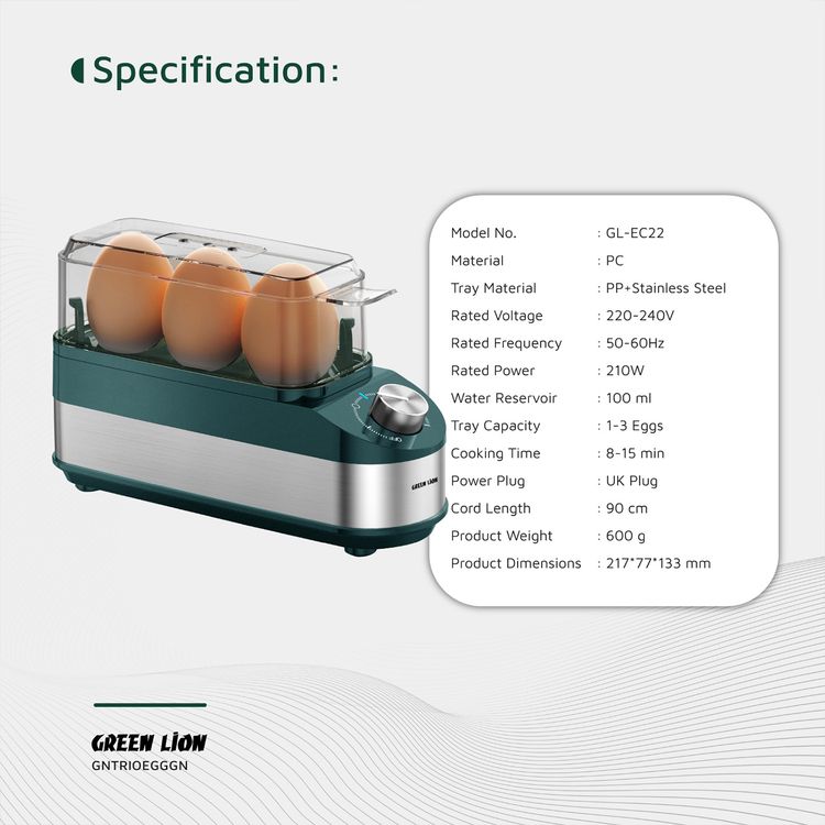 Green Lion Trio Egg Cooker with Auto Shutoff, Rotatory Knob, Non-Stick Coating, BPA-Free Plastic, 210W Rated Power - Green