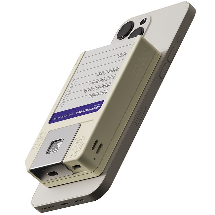 Powerology Floppydisk Retro 10000mAh MagSafe Powerbank with OLED Display Screen, Multi-Protocol Fast Charging, Universal Compatibility, 64GB Storage Capacity, High-Speed Data Storage, Fire-Resistant PC Material - White