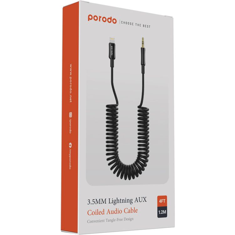 Porodo 3.5mm AUX to Lightning Coiled Audio Cable with 1.2m Length, Universal Compatibility, Auto-Retract & Tangle-Free Design - Black