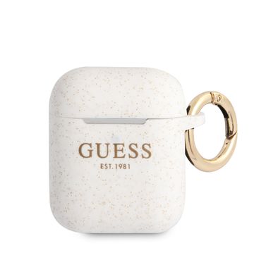 CG MOBILE Guess Silicone Glitter Case with Anti-Lost Ring Compatible for AirPods 1/2, Scratch Resistant, Shock Absorption & Drop Protection Cover  Officially Licensed - White