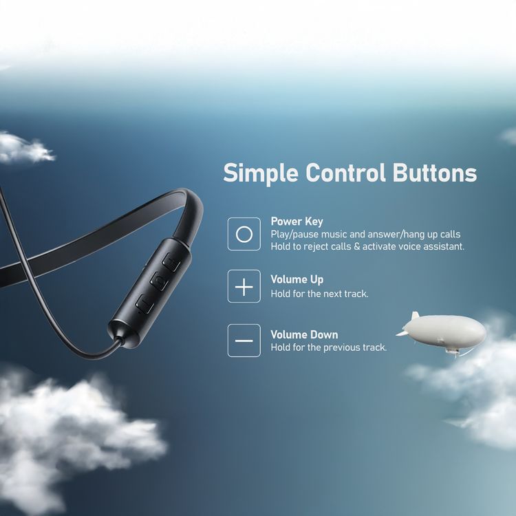 Porodo Blue ENC Neckband Earphones with Deep Bass, Comfortable Fit Design, Compact and Sturdy, 200mAh Battery Capacity, 1.5 Hours Charging Time, 28 Hours Playback Time, Micro USB Charging Port, More than 15m Transmission Distance - Black