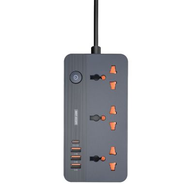 موزع طاقة Green Lion GS-200 بقوة 2500 وات، شحن سريع، حماية من الحمل الزائد، 3 مصادر طاقة تيار متردد، 1 منفذ USB من النوع C، 3 منافذ USB من النوع A، قابس UK سلك طاقة بطول 2 متر، مقاوم للاشتعال، شحن متزامن، جهد 250 فولت - أسود