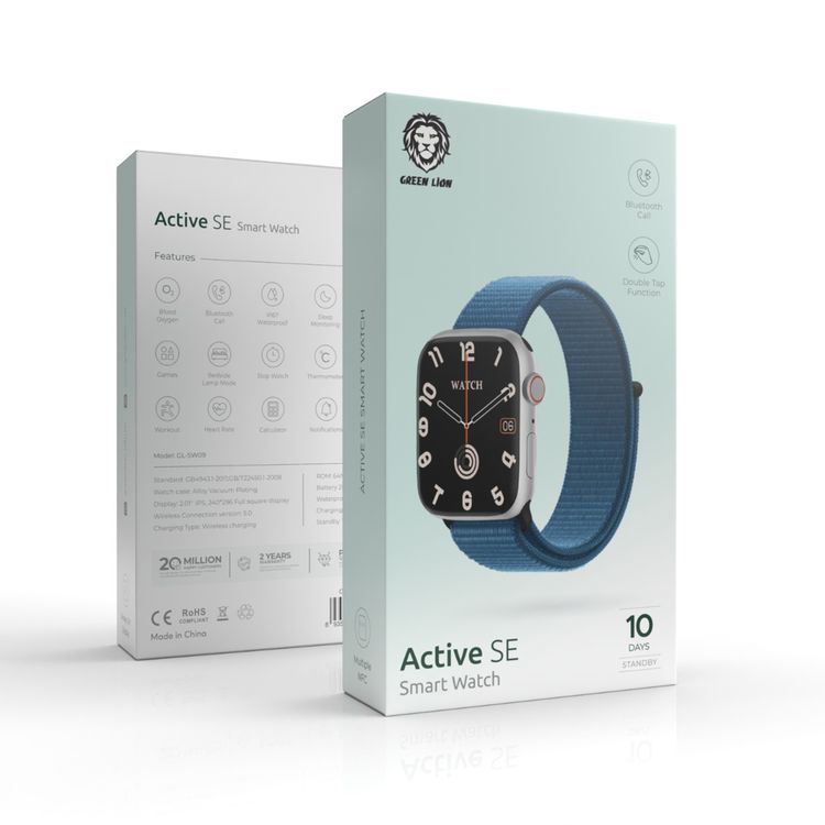 Green Lion Active SE Smart Watch with Full Square Display, 250mAh Battery, Multiple NFC, Waterproof, Bluetooth Call, Heart Rate Tracker, Wireless Charging, Bedside Lamp Mode - Silver / Blue 