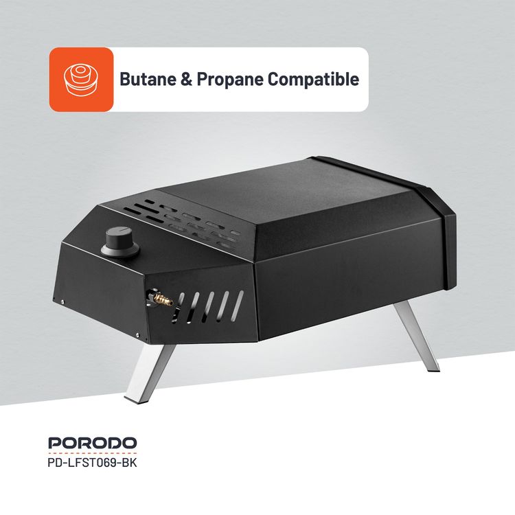 Porodo Lifestyle 12" Pizza Outdoor Oven with Foldable Legs, 60s Cooking Time, 500° C Rapid Heating, Butane & Propane Compatible, 30-45 Minutes Pre-Heat Time, Piezo Ignition - Black