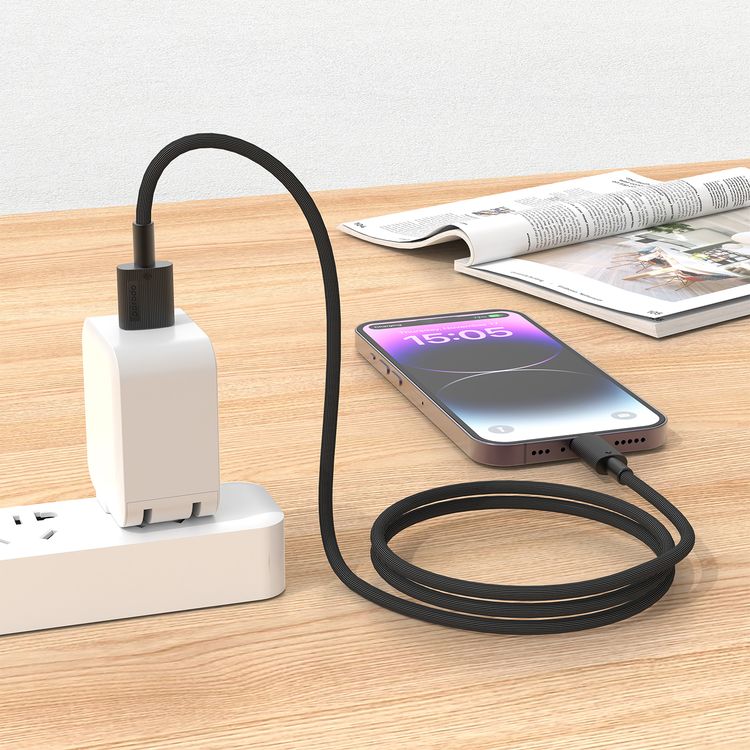 Porodo USB A to Lightning PVC Cable, 480Mbps, 2.4A Current, more than 15000 Bends Life Span, 1.2m Cable length, Tangle Free - Black