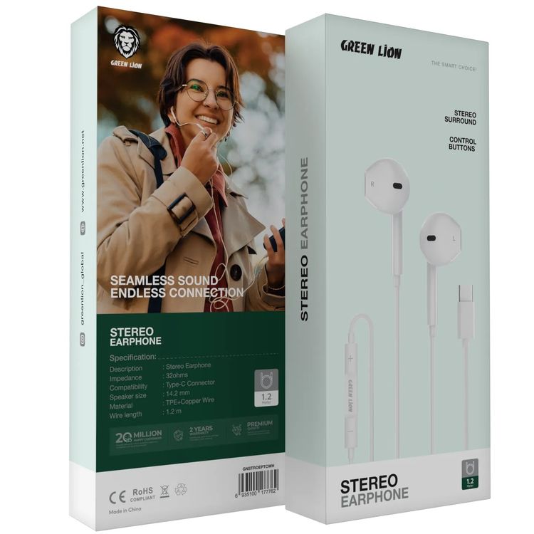 سماعات سلكية استريو من جرين ليون مع موصل Type-C، بطول كابل 1.2 متر، مواد متينة، حجم السماعة 14.2 مم - باللون الأبيض