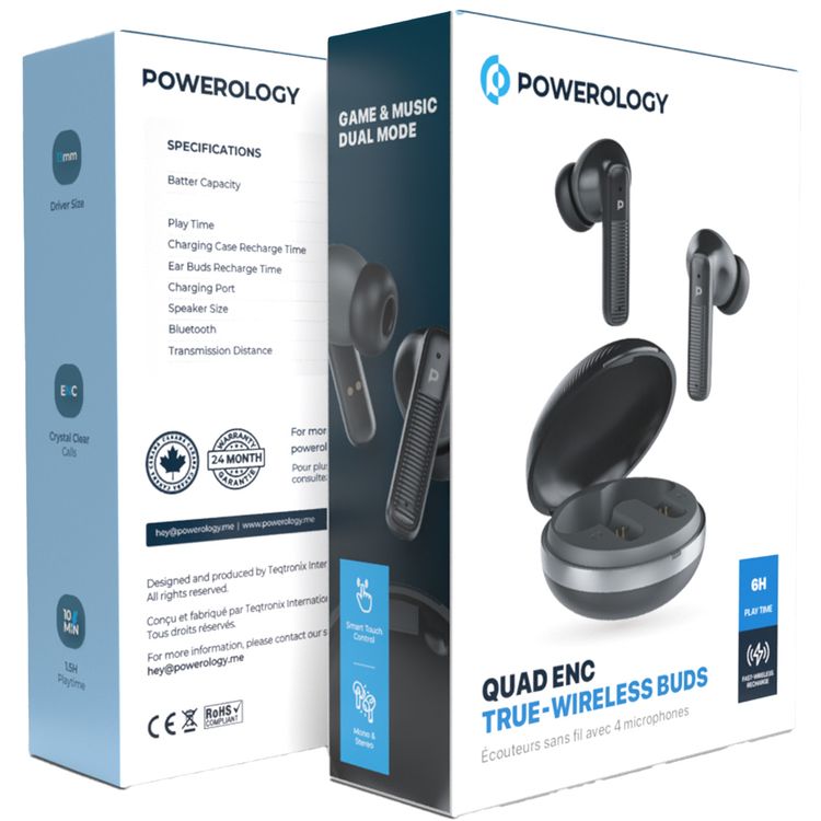 Powerology TWS Earbuds with Quad Mic ENC, 6h Playtime, Bluetooth 5.3, 30minutes Charging Time, 10m Transmission Distance, Type-C Port, Smart Touch Control, Wireless Charging - Black