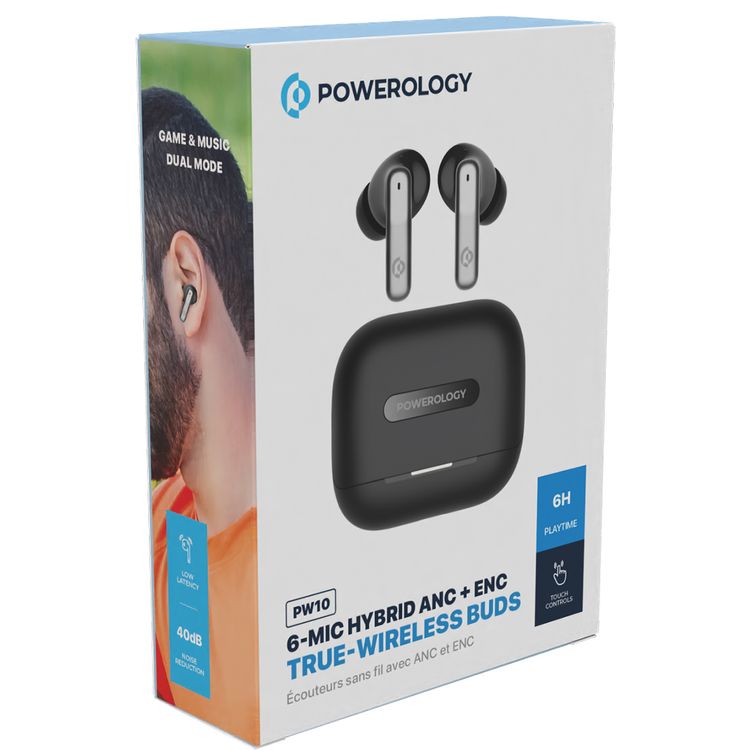 Powerology Hybrid True Wireless Earbuds with ANC + ENC, 6 Microphone, Bluetooth Version 5.3 & Type-C Charging Port - Black 