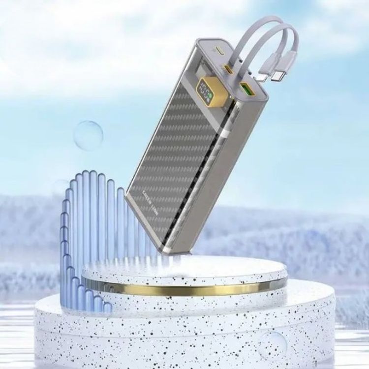 Green Lion Transparent 2 Power Bank, 20000mAh, PD 20W Fast Charge, Integrated Type C & Lightning Cables, LED Display, Lithium ion Polymer Battery, Portable - Grey