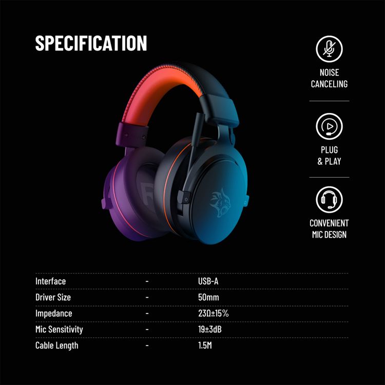 Porodo Gaming 7.1 Surround Gaming Headset with Soft Breathable Ear Pads, Noise Cancelling Microphone, 50mm Driver Size, Convenient Mic Design, 1.5m Cable Length, RGB Lights - Black