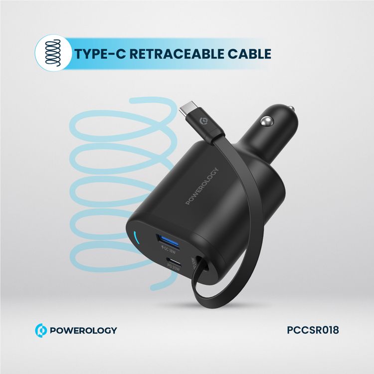 Powerology Type-C Retractable Car Charger, Dual Ports, Patented Design, Built-in Safeguards, Simultaneous Charging, Integrated Type-C Cable - Black