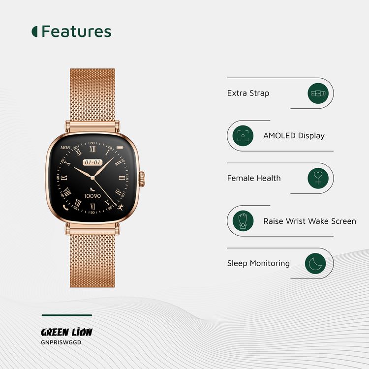 Green Lion Princess Smart Watch, Extra Strap Included, Find Watch, Blood Pressure,  Sleep Monitoring,  Music Control, Call & Social Notifications - Glossy Gold