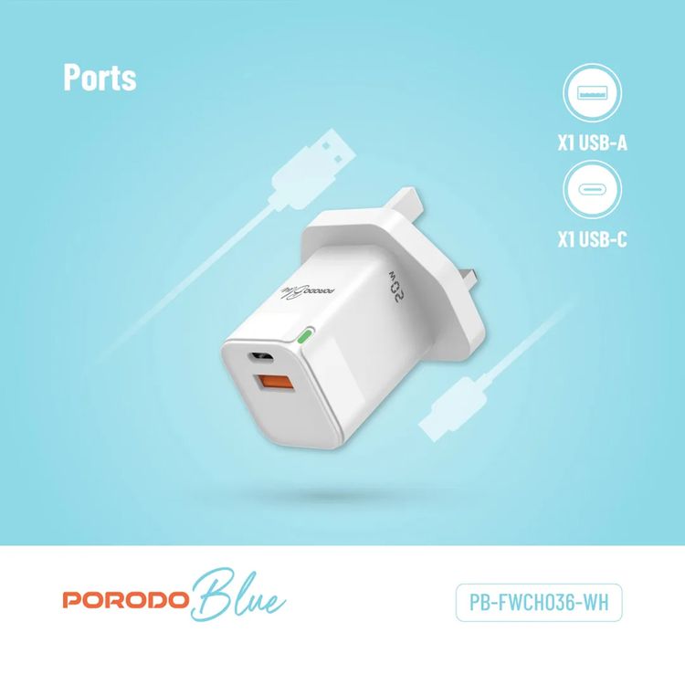 Porodo Blue Ultra-Quick Charger with USB-A & USB-C Ports, 20W, 3A Output Current, 5V Output Voltage, Multi-Device Charging, Fast Charge Support, Over Charge Protection, Overheat Protection - White