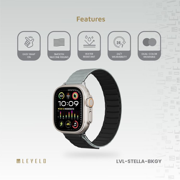 شريط ساعة Levelo Stella سيليكون مع مغناطيس، متوافق مع الساعات الذكية 49/46 ملم و Apple Watch SE، السلسلة 9، 8، 7، 6، 5، قابل للارتداء بلونين، مصنوع من مادة مضادة للحساسية، سهل التركيب، مقاوم للعرق، مقاوم للماء - أسود / رمادي.