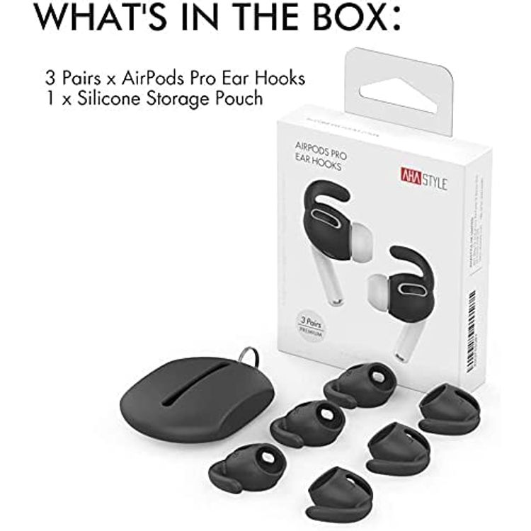 AhaStyle 3 Pairs Silicone Earbuds Covers for Apple AirPods Pro 1 Storage Hook Pouch, Anti-Lost & Anti-Slip Ear Tips for EarPods Accessories Black