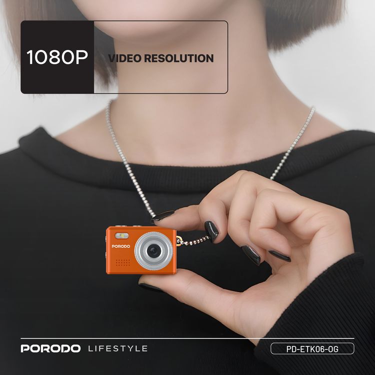 Porodo Mini Digital Camera with 0.96" HD Screen, 6 Color Filters, 2MP Photo Resolution, 1080 Pixels Video Resolution, 75-80 Minutes Operating Time, 200mAh Battery Capacity, Type-C Charging Port, Instant Webcam Function - Orange