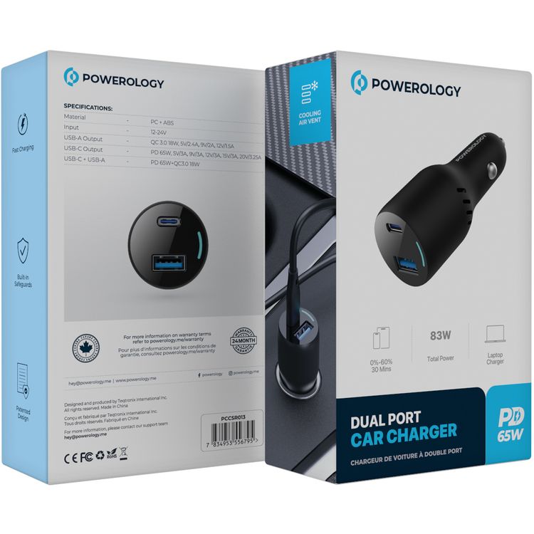 شاحن سيارة باورولوجي ثنائي المنافذ مع PD 65 وات و QC3.0 18 وات، منافذ USB-A و USB-C، مصنوع من مادة PC و ABS، حماية مدمجة، شحن سريع، تصميم حاصل على براءة اختراع، شاحن كمبيوتر محمول - أسود