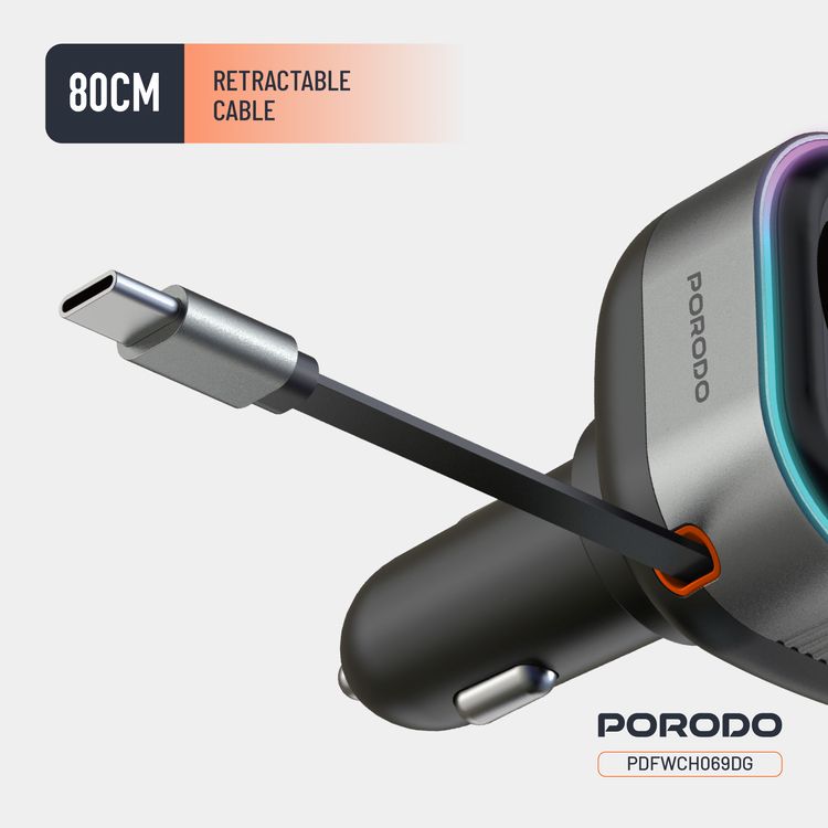 Porodo Audio Boost Bluetooth FM Transmitter Quick-Charge Car Charger with 65W PD, USB-A & USB-C Outputs, USB Flash, 80cm Retractable Type-C Cable, 87.5-107.8 FM Frequency, LED Ambient Lighting, Universal Compatibility - Dark Gray