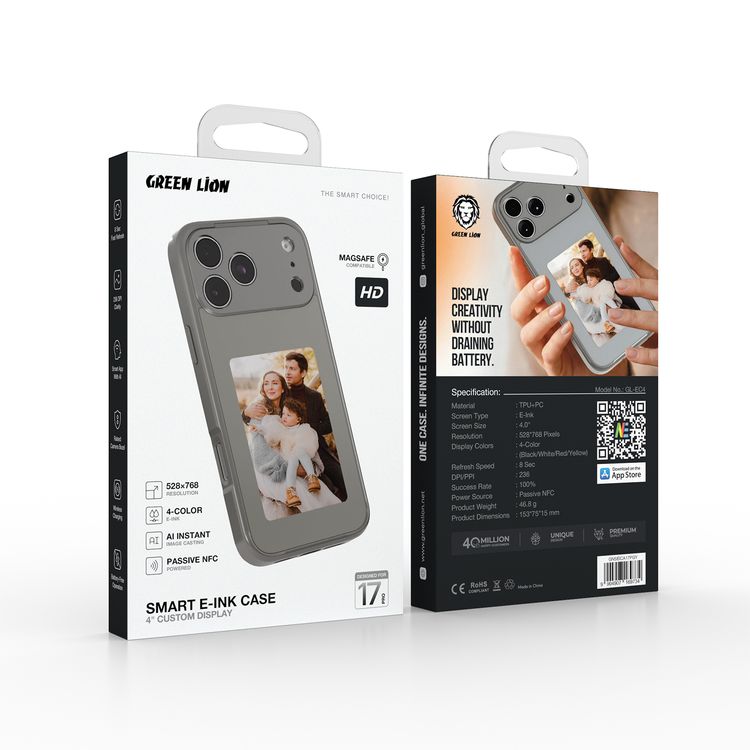 Green Lion Smart E-Ink Case for iPhone 17 Pro with MagSafe Compatibility, 4" Custom Display, 4-Color Display Colors, 528 × 768 Resolution, AI Instant Image Casting, Passive NFC Powered, 8 Seconds Fast Refresh, Smart App with AI, Raised Camera Bezel, Battery-Free Operation - Gray