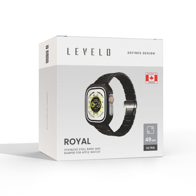Levelo Royal Stainless Steel Strap & Case for Apple Watch 49mm, Butterfly Clasp, Adjustable Links, Quick & Convenient Removal - Black
