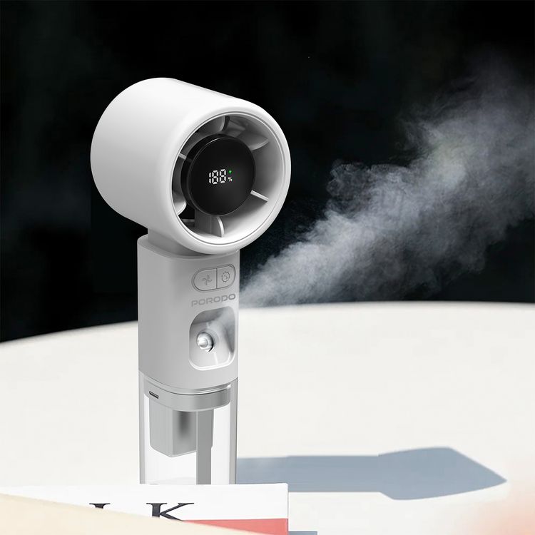 Porodo Cool & Hydrate Mini Fan & Humidifier with 100 Speed Levels, Up to 5 Hours Working Time, Whisper-Quiet Operation, LED Digital Display, 2000 mAh Battery, USB-C Charging Port - White